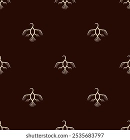 Seamless animal pattern with stylized birds. Ethnic design of Ostyaks, Mansi or Voguls. Shamanistic ancient Siberian symbol. Light silhouettes on dark background.