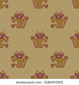 Seamless animal pattern with stylized cats. Native American design from ancient Peru. Nazca culture. On yellow background.