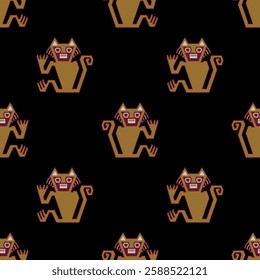 Seamless animal pattern with stylized cats. Native American design from ancient Peru. Nazca culture. On black background.