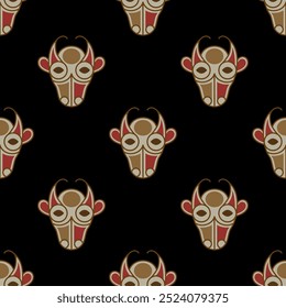 Seamless animal pattern with stylized cow or bull heads. Ethnic Irish folk design. On black background.