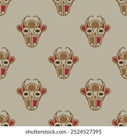 Seamless animal pattern with stylized cow or bull heads. Ethnic Irish folk design. On white background.