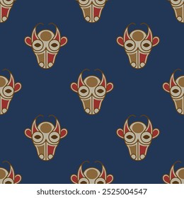 Seamless animal pattern with stylized cow or bull heads. Ethnic Irish folk design. On blue background.