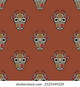 Nahtloses Tiermuster mit stilisierten Kuh- oder Bullenköpfen. Ethnisches irisches Folk-Design. Auf rotem Hintergrund.