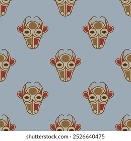 Seamless animal pattern with stylized cow or bull heads. Ethnic Irish folk design. On light blue background.