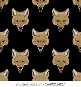 Seamless animal pattern with stylized faces of coyote. Native American wolf trickster. Hand drawn sketches.