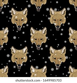 Seamless animal pattern with stylized faces of coyote and snowflakes. Hand drawn sketches.