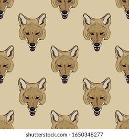 Seamless animal pattern with stylized faces of coyote. Native American wolf trickster. Hand drawn sketches.