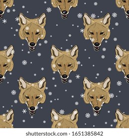 Seamless animal pattern with stylized faces of coyote and snowflakes. Hand drawn sketches.
