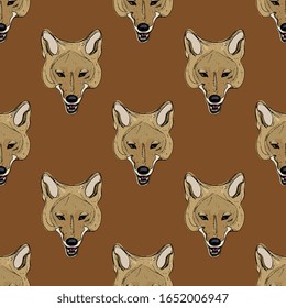 Seamless animal pattern with stylized faces of coyote. Native American wolf trickster. Hand drawn sketches.