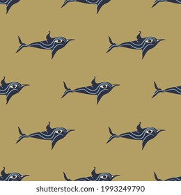 Patrón animal sin foco con delfines o peces divertidos estilizados. Antiguo motivo griego de las Cícladas.