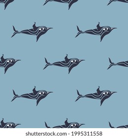 Patrón animal sin foco con delfines o peces divertidos estilizados. Antiguo motivo griego de las Cícladas.