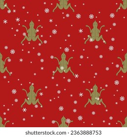 Seamless animal pattern with stylized funny frogs or toads and snowflakes. Russian medieval design. On red background.