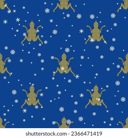 Seamless animal pattern with stylized funny frogs or toads and snowflakes. Russian medieval design. On blue background.