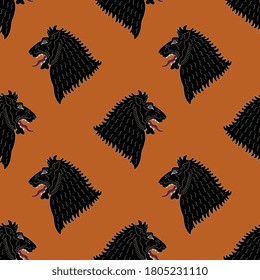 Seamless animal pattern with stylized heads of lion. Ancient Greek vase painting motif.