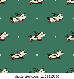 Seamless animal pattern with stylized heads of a deer or hare with his tongue out. Ethnic native American animal symbol of Aztec Indians from Mexican codex. On green background.