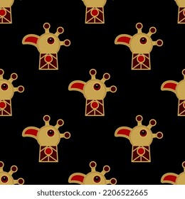 Seamless animal pattern with stylized heads of peacock birds. Medieval Hunnish design. Isolated vector illustration. On black background.