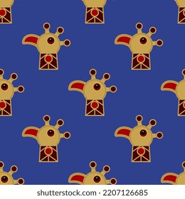 Nahtloses Tiermuster mit stilisierten Köpfen von Pfauenvögeln. Mittelalterliches hunnisches Design. Einzige Vektorgrafik. Auf blauem Hintergrund.