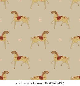 Seamless animal pattern with stylized horses. Folk Russian style.