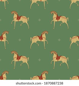 Seamless animal pattern with stylized horses. Folk Russian style.