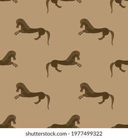 Seamless animal pattern with stylized horses. Ancient Greek vase painting design. Monochrome brown silhouettes.
