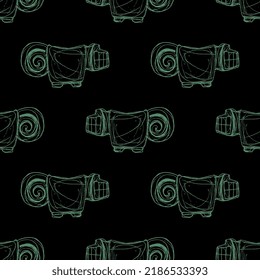 Seamless animal pattern with stylized jaguars. Animal totem from ancient Ecuador. Valdivia culture. Native American pre Columbian art. Hand drawn art. Green silhouettes on black background.