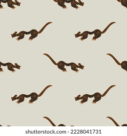 Seamless animal pattern with stylized jaguars. Native American art of pre Columbian Indians from Costa Rica. Black and orange feline silhouettes on white background.