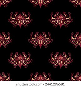 Seamless animal pattern with stylized octopuses with spiral tentacles. Ethnic ancient Greek. Cretan Minoan style. On black background.