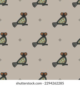Seamless animal pattern with stylized owl birds. Ancient Roman design. On light gray background.