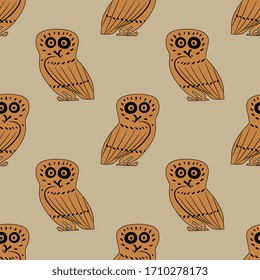 Seamless animal pattern with stylized owls. Folk style. Ancient Greek vase painting decor. 