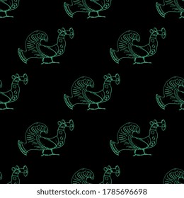 Seamless animal pattern with stylized roosters. Ancient Greek motif. Hand drawn linear doodle sketches. Green rough silhouettes on black background.