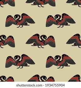Seamless animal pattern with stylized waterfowl bird. Swan, duck or goose. Ancient Greek vase painting motif. Ethnic folk style. 