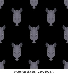 Seamless animal pattern with tapir heads. Cartoon style. On black background.