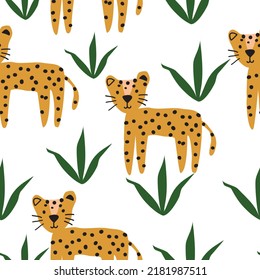 Seamless animal pattern with tiger and grass on white background.