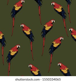 Seamless animal pattern with tropical parrots. Scarlet macaw. Ara macao.