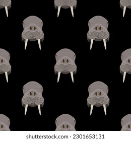 Seamless animal pattern with walrus heads. Odobenus rosmarus. Cartoon style. On black background.