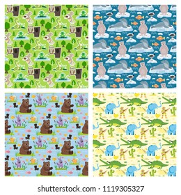 Seamless animal pattern wildlife reptile background crocodile bear elephant characters vector illustration