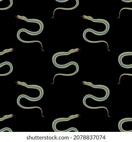 Seamless animal pattern with wriggling snakes or serpents. On black background.