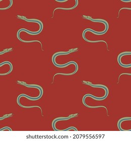 Seamless animal pattern with wriggling snakes or serpents. On red background.