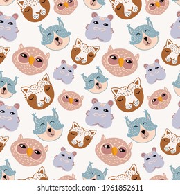 Seamless animal pattern-hippo, owl, squirrel and tiger for children's cards, wrapping paper and fabric. Vector illustration.