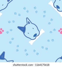 seamless animal pet bull terrier dog head repeat pattern  with bone and foot print paw in blue background flat vector illustration design