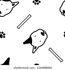 seamless animal pet bull terrier dog head repeat pattern with bone and foot print paw in white background flat vector illustration design