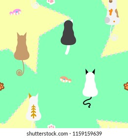 seamless animal pet cat repeat pattern with fish and foot print paw green and yellow background flat vector illustration design