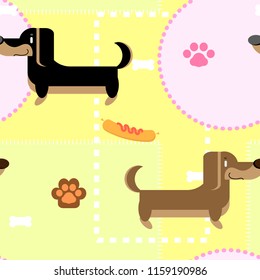 seamless animal pet dachshund sausage dog repeat pattern with sausage and foot print paw yellow background  flat vector illustration design