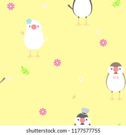 seamless animal pet java sparrow bird repeat pattern with flower and leaf in spring time yellow background flat vector illustration design