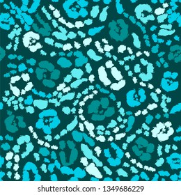 Seamless animal print, blue spots on blue-green background. Stock vector illustration.