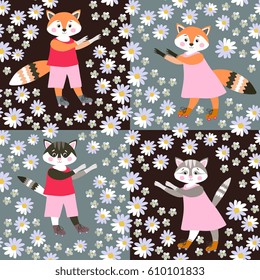 Seamless animal print for children. Cute cartoon cats and foxes on floral background. Vector illustration.