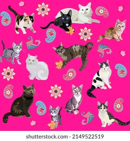 Seamless animal print with cute cats, paisley and mandalas on a hot pink background in vector. Beautiful pattern for fabric, wallpaper with symbols of the Chinese year of the cat, 2023.