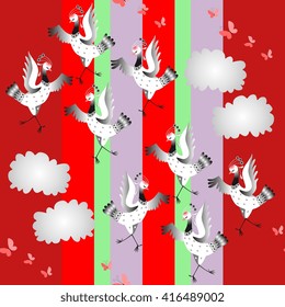 Seamless animal print with dancing crane birds, butterflies and  clouds. Vector illustration. Asian traditional background.