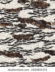 
Seamless animal print pattern. Repeating vector print with a mixture of zebra stripes, snake skin and leopard spots with brown accents on a white background. Apparel textile pattern.
