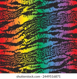 Seamless animal print pattern. Repeating realistic zebra print with black stripes on a rainbow gradient background. Apparel textile pattern. Vector illustration.
